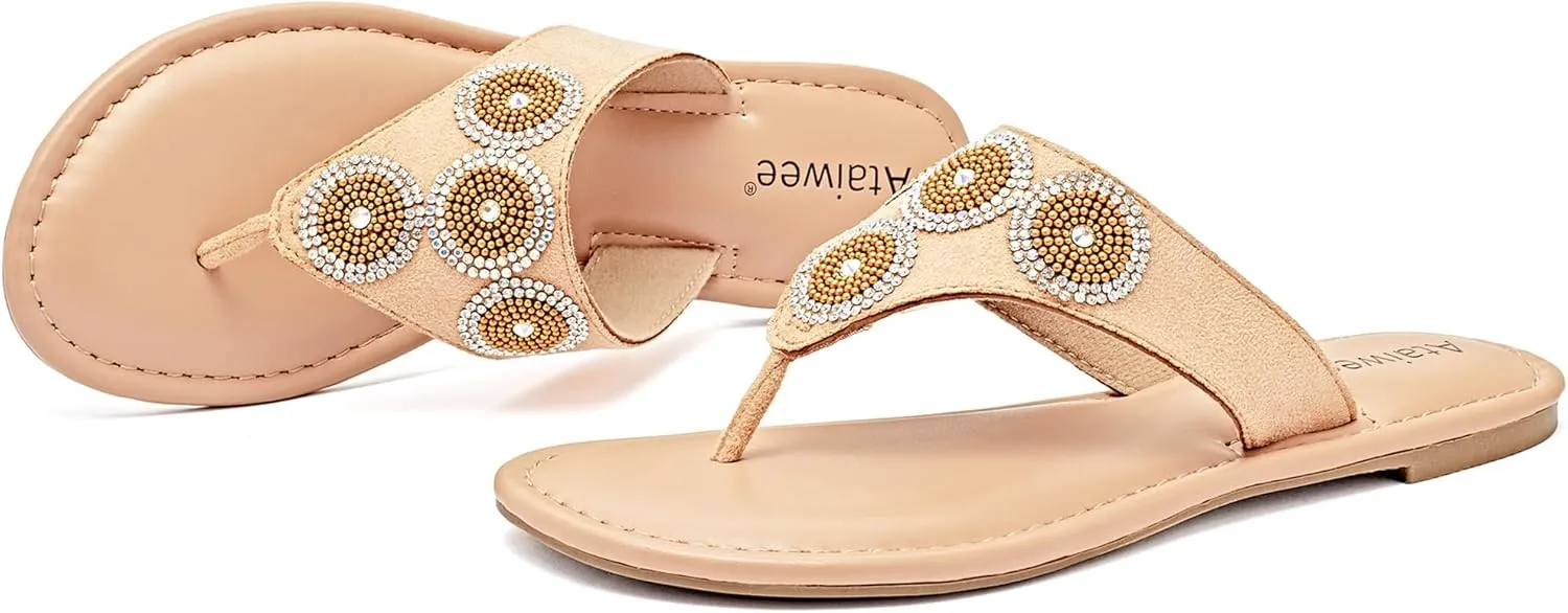 Ataiwee Women's Flat Slide Sandals - Casual Bling Bohemian Thong Slip on Summer Flat Sandals.