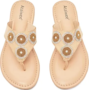 Ataiwee Women's Flat Slide Sandals - Casual Bling Bohemian Thong Slip on Summer Flat Sandals.