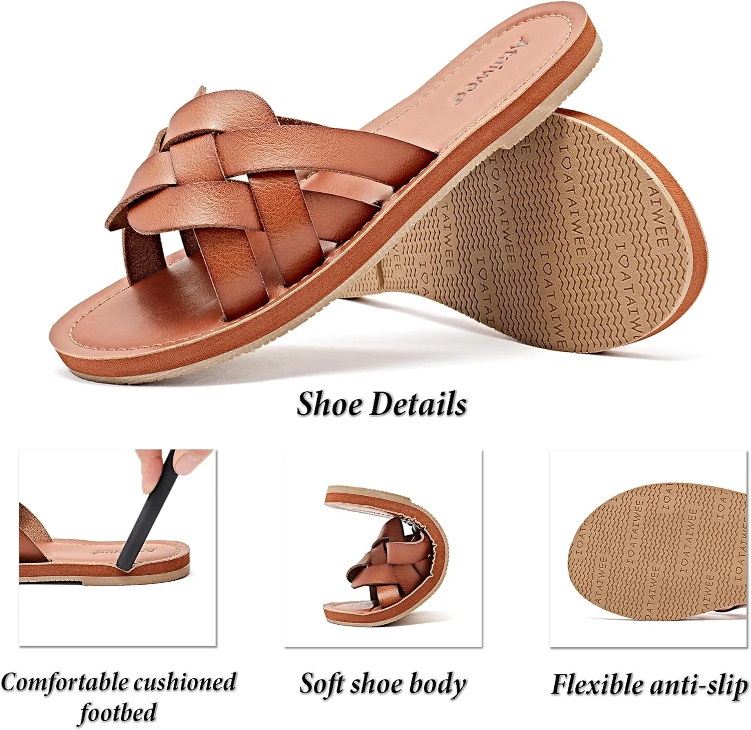 Ataiwee Women's Flat Slide Sandals - Fashion Slip On Flat Summer Shoes.