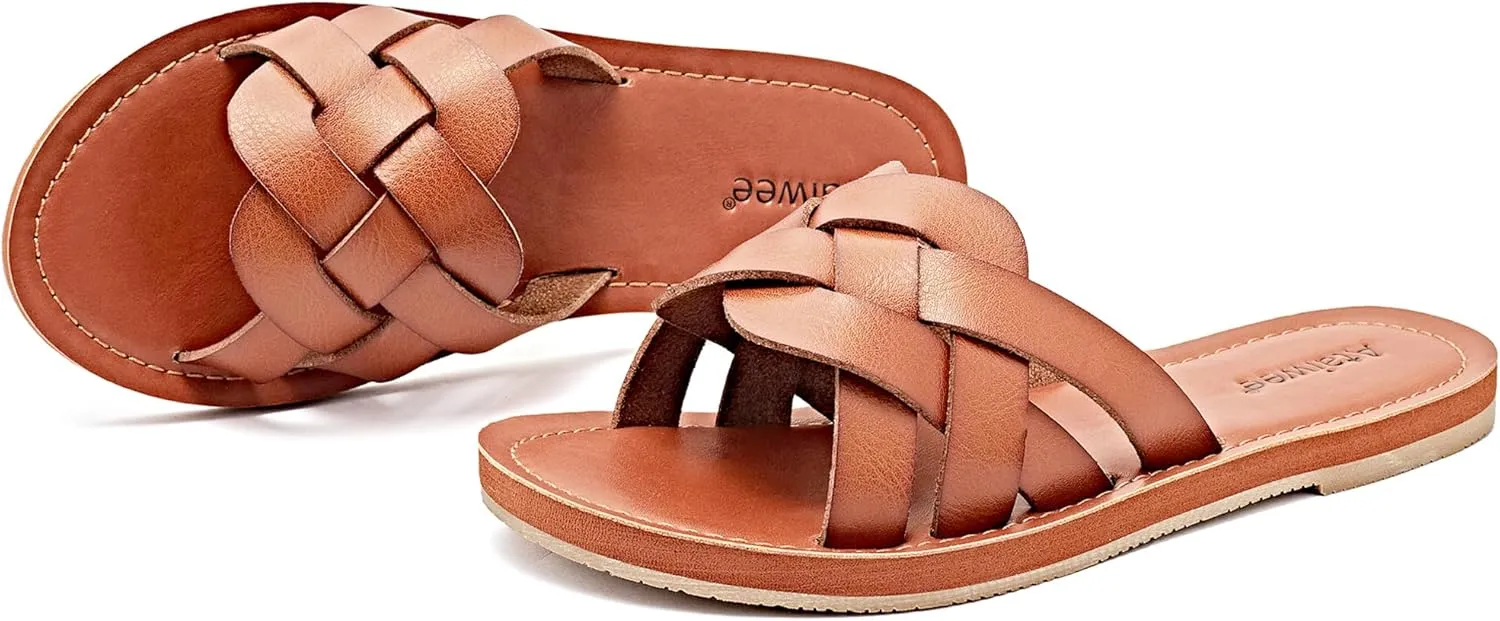 Ataiwee Women's Flat Slide Sandals - Fashion Slip On Flat Summer Shoes.