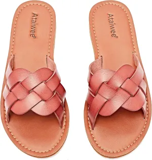 Ataiwee Women's Flat Slide Sandals - Fashion Slip On Flat Summer Shoes.