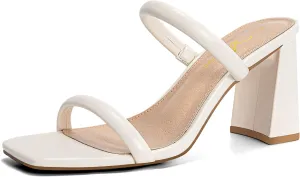 Athlefit Women's Square Open Toe Two Strap Heeled Sandals Slip On Block Chunky Heels Sandals