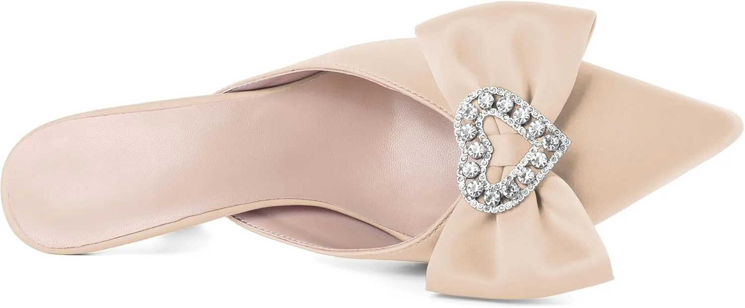 AUMOTED Women Kitten Heel Mules Rhinestone Bow Sandals Pointed Toe Heeled Mule Slip On Low Heels Slipper Glitter Mesh Wedding Bridal Shoes 2.5 Inch