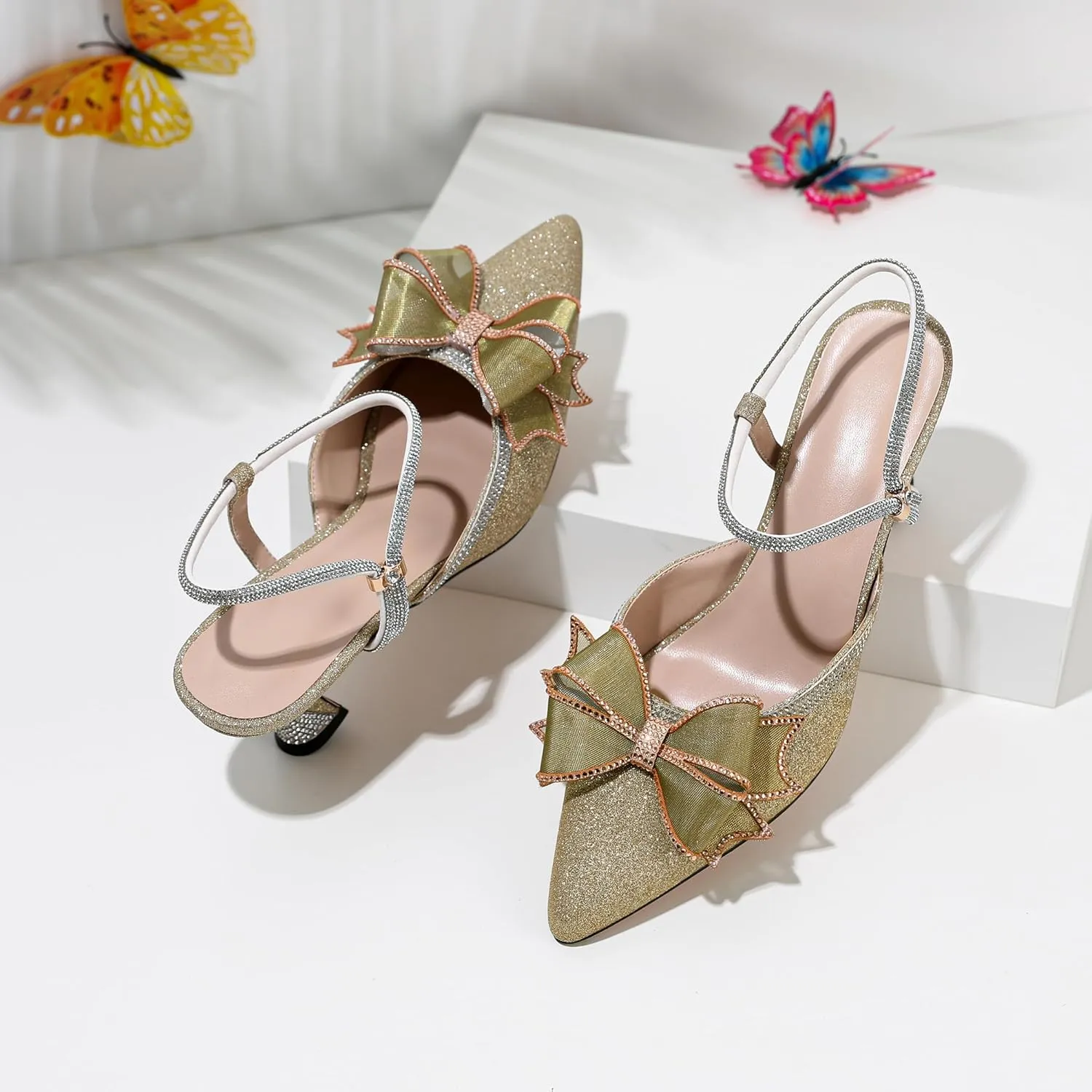 AUMOTED Women Kitten Heel Mules Rhinestone Bow Sandals Pointed Toe Heeled Mule Slip On Low Heels Slipper Glitter Mesh Wedding Bridal Shoes 2.5 Inch