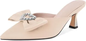 AUMOTED Women Kitten Heel Mules Rhinestone Bow Sandals Pointed Toe Heeled Mule Slip On Low Heels Slipper Glitter Mesh Wedding Bridal Shoes 2.5 Inch