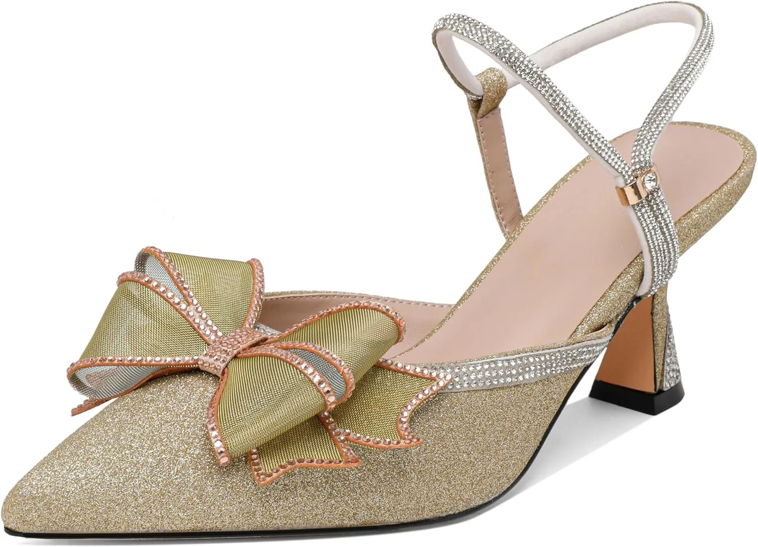 AUMOTED Women Kitten Heel Mules Rhinestone Bow Sandals Pointed Toe Heeled Mule Slip On Low Heels Slipper Glitter Mesh Wedding Bridal Shoes 2.5 Inch