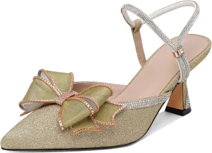 AUMOTED Women Kitten Heel Mules Rhinestone Bow Sandals Pointed Toe Heeled Mule Slip On Low Heels Slipper Glitter Mesh Wedding Bridal Shoes 2.5 Inch