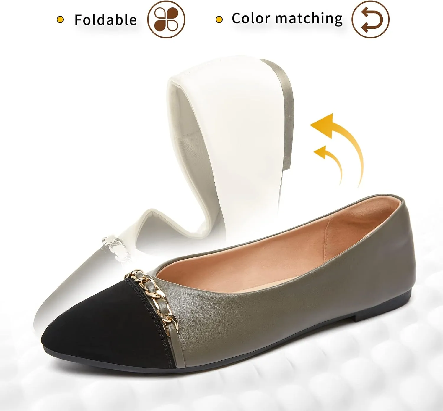 BABUDOG Women's Black Flats Shoes,White Dress Shoes for Women,Crimping Faux Suede Ballet Flats Comfortable