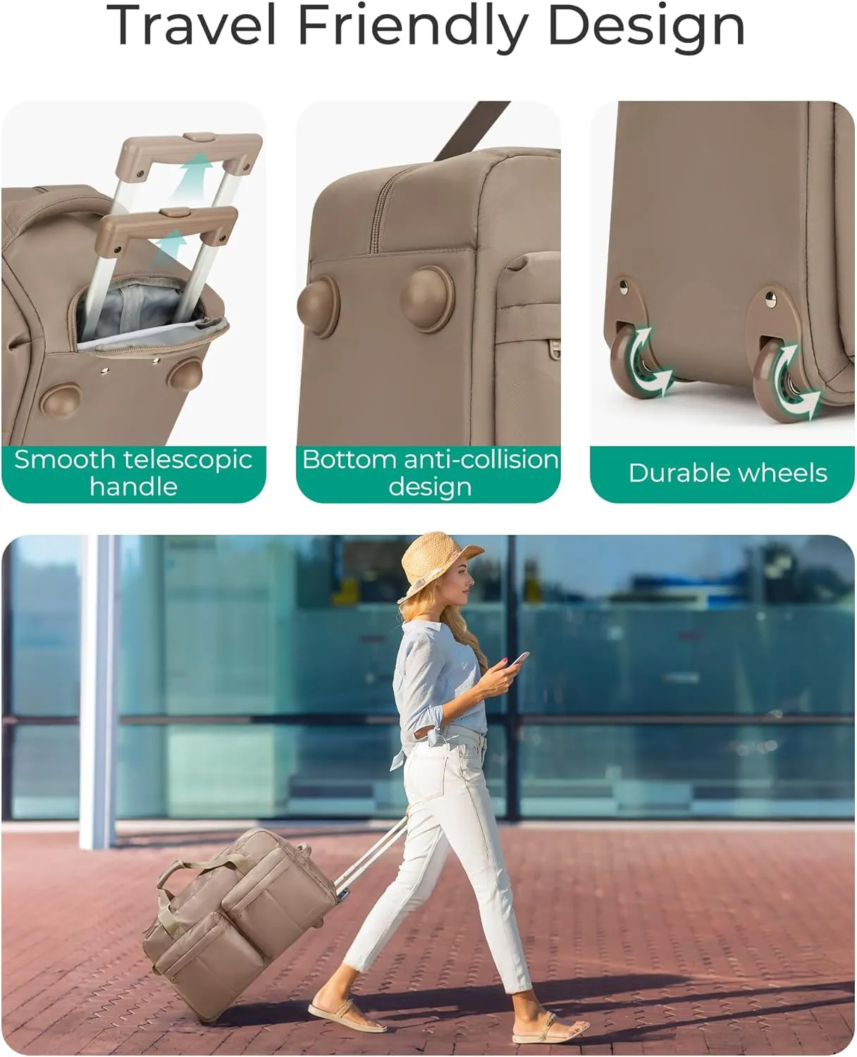 BAGSMART Rolling Duffle Bag with Wheels, Carry On Wet Pocket Duffel for Travel with Handle, Camel