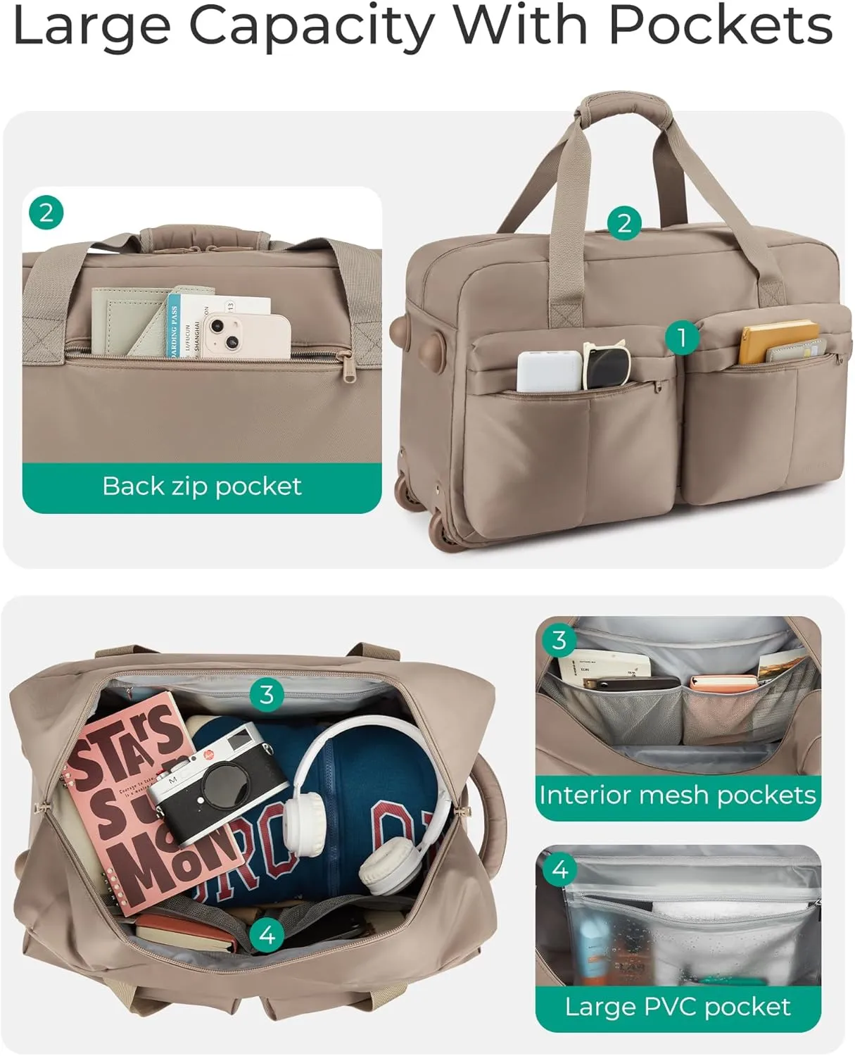 BAGSMART Rolling Duffle Bag with Wheels, Carry On Wet Pocket Duffel for Travel with Handle, Camel