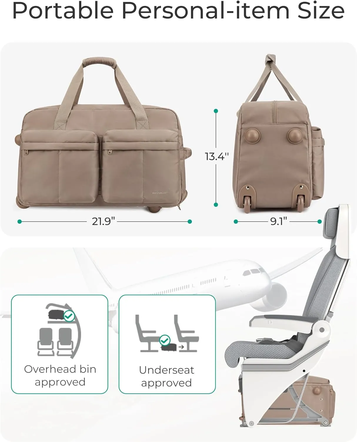 BAGSMART Rolling Duffle Bag with Wheels, Carry On Wet Pocket Duffel for Travel with Handle, Camel