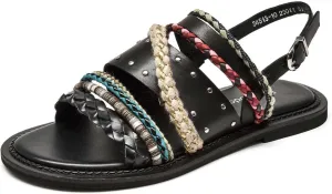 BEAU TODAY Flat Sandals for Women, Fashion Strappy Sandal Comfortable Arch Support Open Toe Beach Dressy Leather Summer Low Platform Sandals