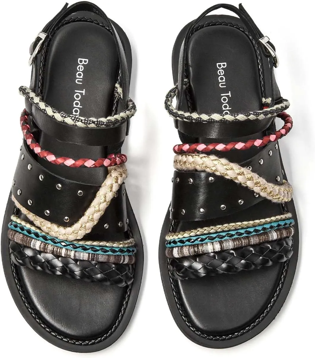 BEAU TODAY Flat Sandals for Women, Fashion Strappy Sandal Comfortable Arch Support Open Toe Beach Dressy Leather Summer Low Platform Sandals