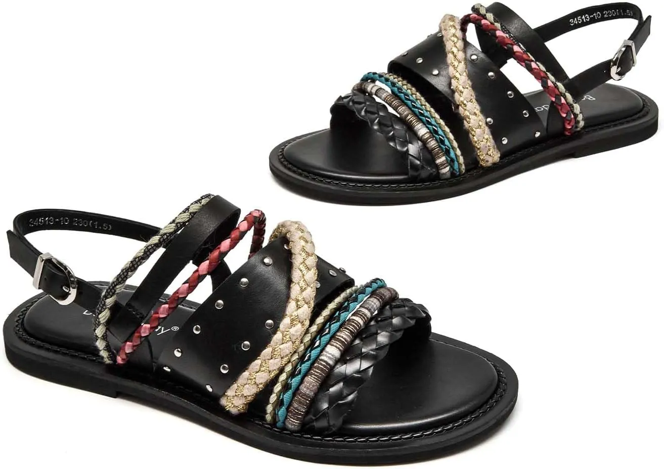 BEAU TODAY Flat Sandals for Women, Fashion Strappy Sandal Comfortable Arch Support Open Toe Beach Dressy Leather Summer Low Platform Sandals