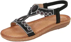 Bohemian Sandals for Women T-Strap Beaded Flower Rhinestone Flat Sandal Dress Beach Shoes Hiking Workout Shoe Summer Y2K Dressy