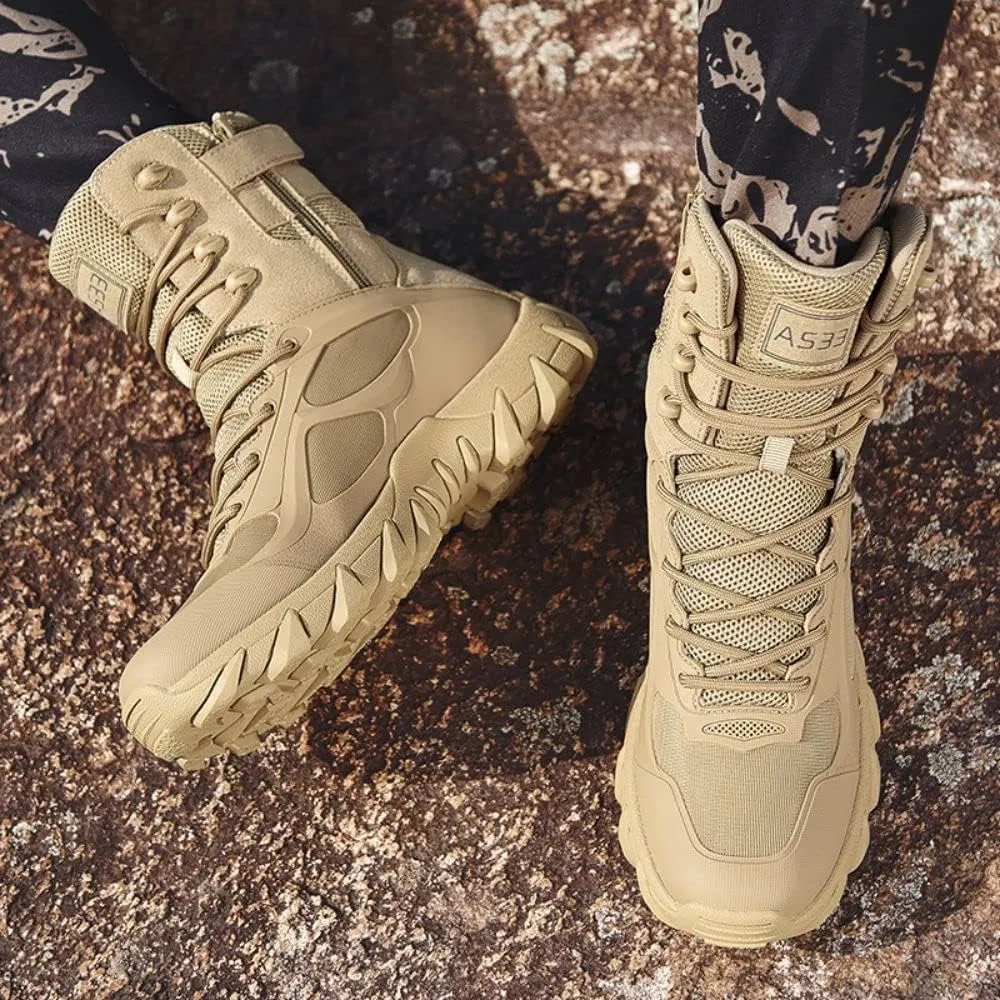 BORAMAX Men's Military Tactical Work Boots Side Zipper Leather Motorcycle Combat Boots for Hiking Motorcycle Climbing