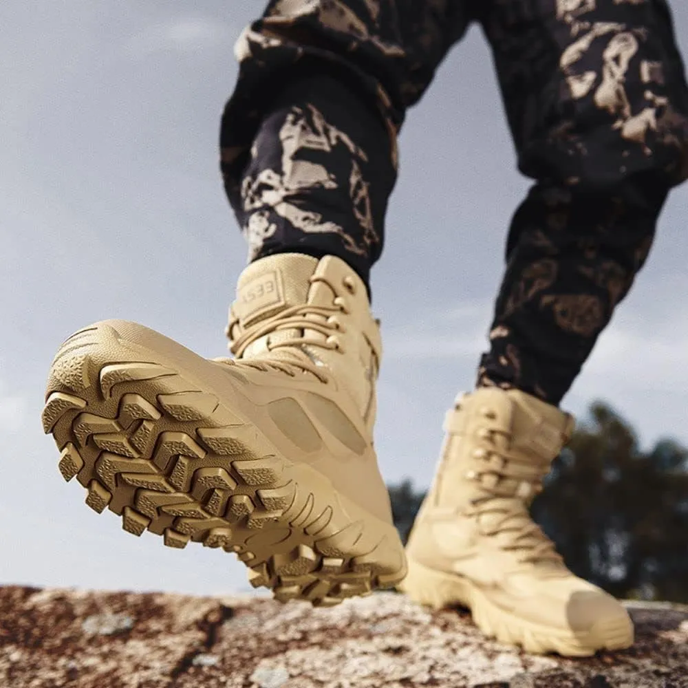 BORAMAX Men's Military Tactical Work Boots Side Zipper Leather Motorcycle Combat Boots for Hiking Motorcycle Climbing