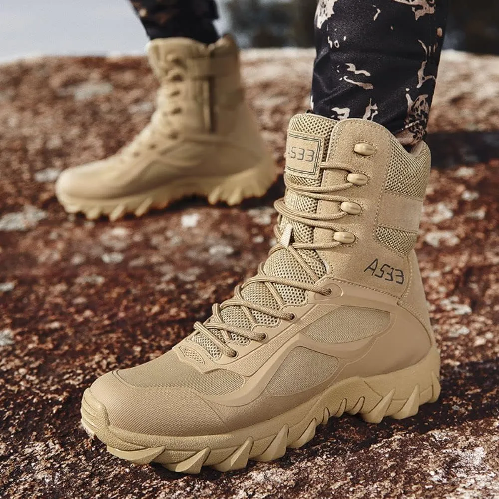 BORAMAX Men's Military Tactical Work Boots Side Zipper Leather Motorcycle Combat Boots for Hiking Motorcycle Climbing
