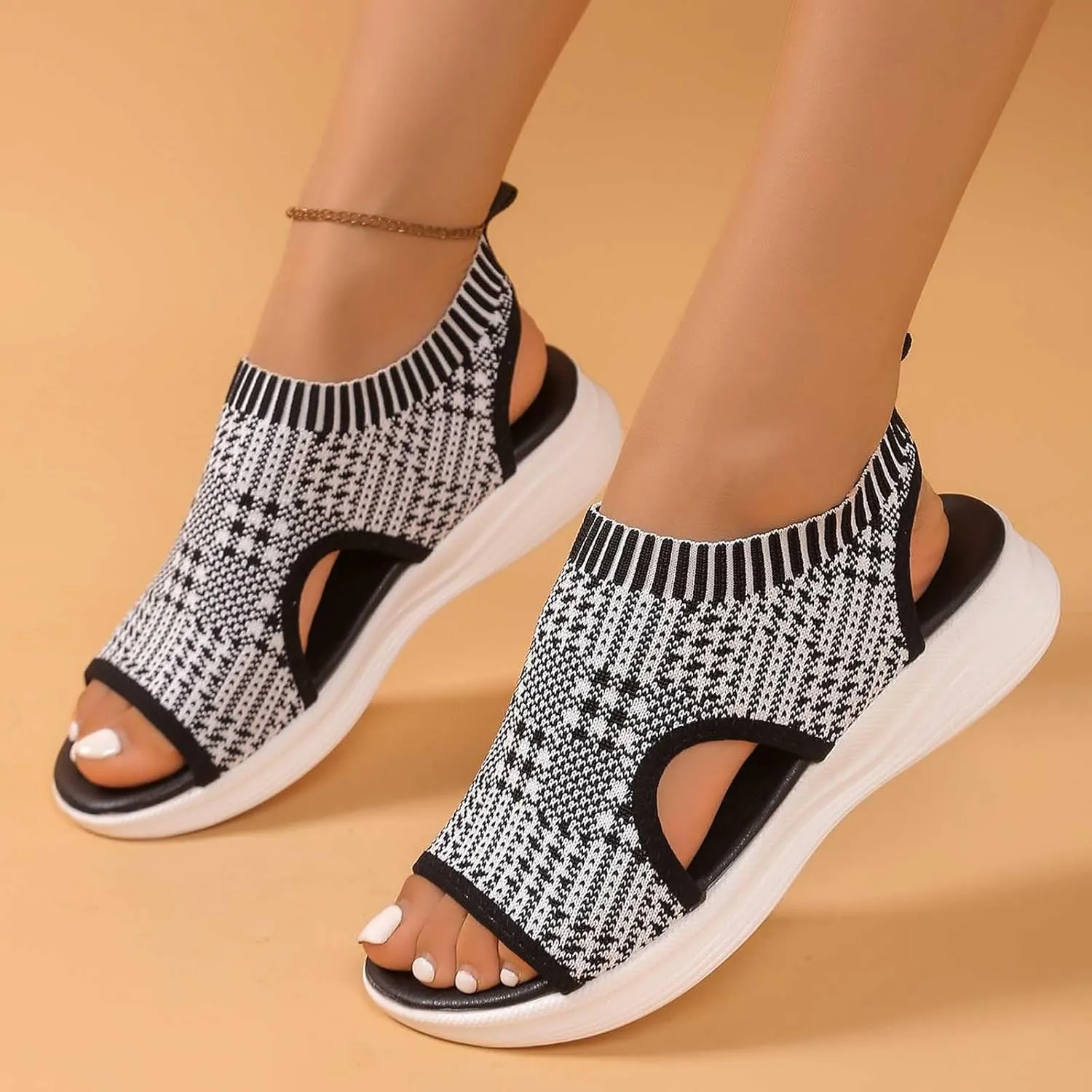 Breathable Knit Walking Flat Sandal for Women Cut Out Open Toe Sandal Summer Outdoor Lightweight Slingback Dress Walking Flat