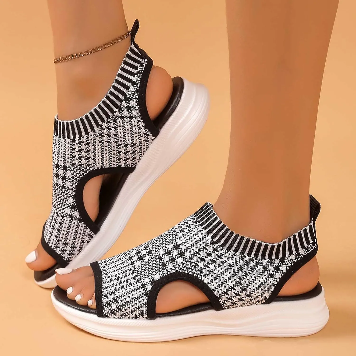 Breathable Knit Walking Flat Sandal for Women Cut Out Open Toe Sandal Summer Outdoor Lightweight Slingback Dress Walking Flat