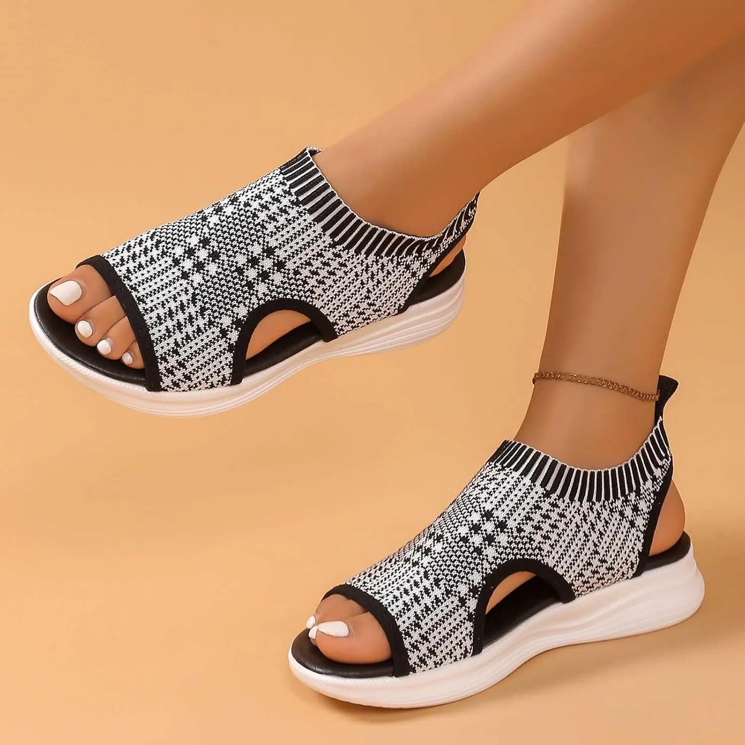Breathable Knit Walking Flat Sandal for Women Cut Out Open Toe Sandal Summer Outdoor Lightweight Slingback Dress Walking Flat