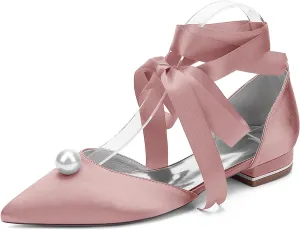 Bridal Shoes Ballet Pointed Toe Satin Wedding Shoes Pearl Ribbon Tie Sandals Flat Closed Toe Evening Party Dress Bridesmaids Pumps