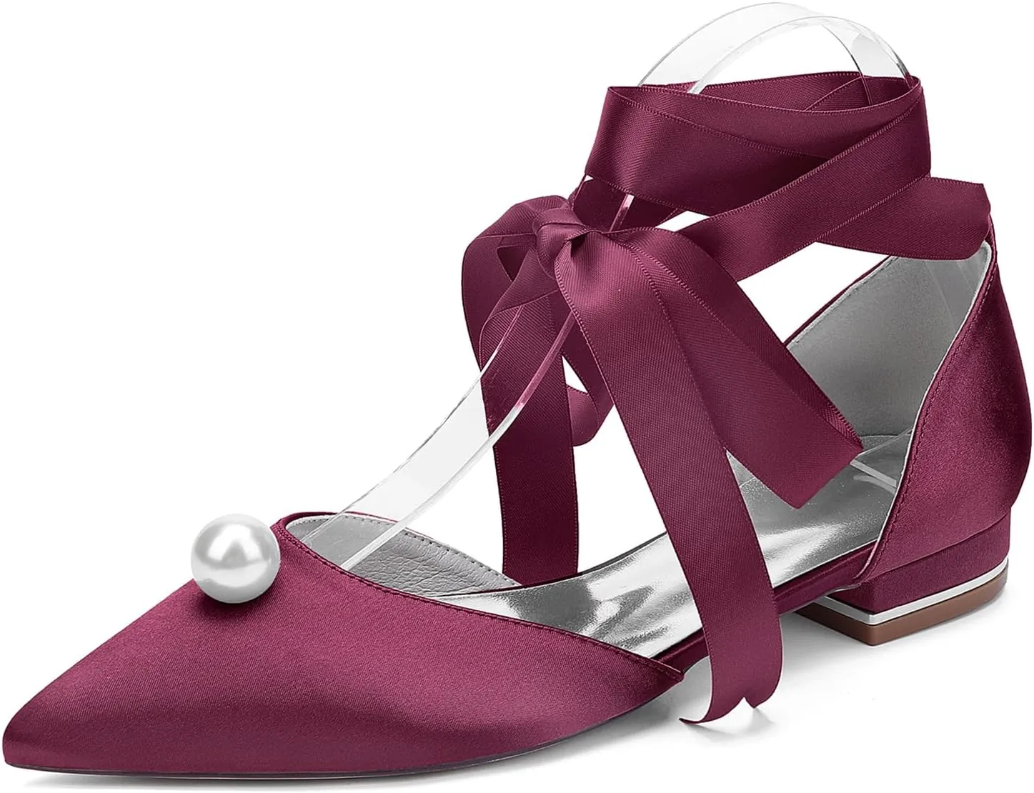 Bridal Shoes Ballet Pointed Toe Satin Wedding Shoes Pearl Ribbon Tie Sandals Flat Closed Toe Evening Party Dress Bridesmaids Pumps