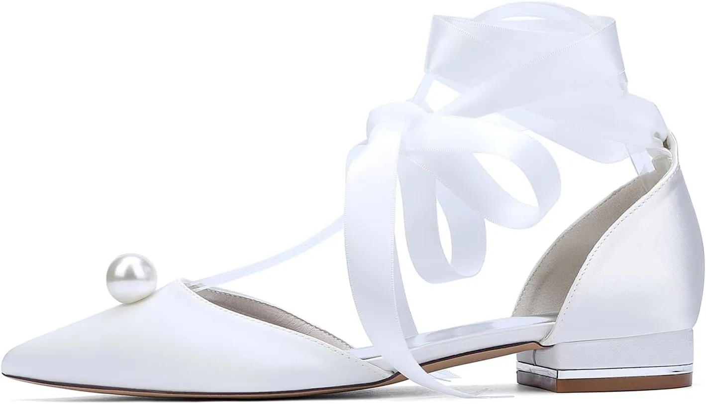 Bridal Shoes Ballet Pointed Toe Satin Wedding Shoes Pearl Ribbon Tie Sandals Flat Closed Toe Evening Party Dress Bridesmaids Pumps