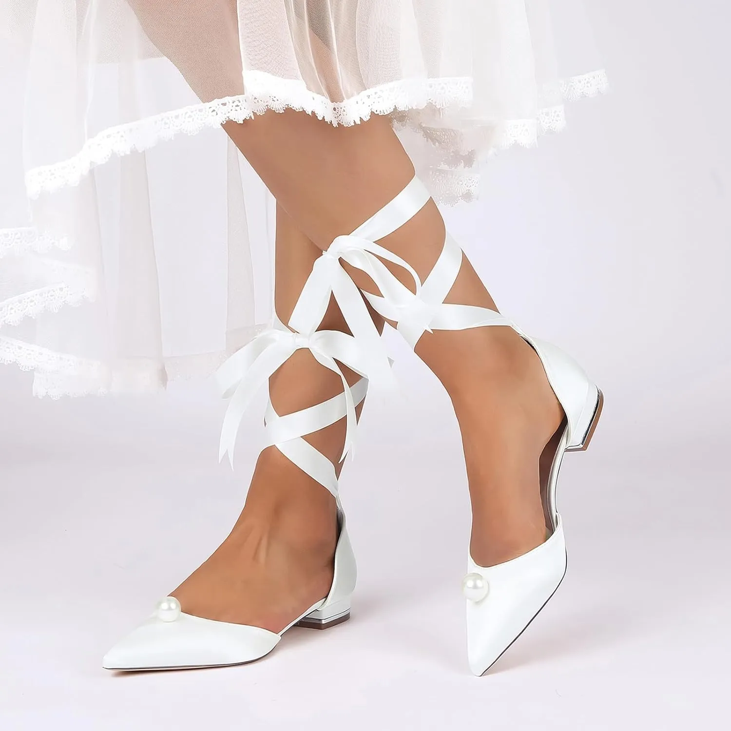 Bridal Shoes Ballet Pointed Toe Satin Wedding Shoes Pearl Ribbon Tie Sandals Flat Closed Toe Evening Party Dress Bridesmaids Pumps