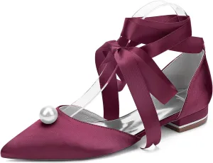 Bridal Shoes Ballet Pointed Toe Satin Wedding Shoes Pearl Ribbon Tie Sandals Flat Closed Toe Evening Party Dress Bridesmaids Pumps