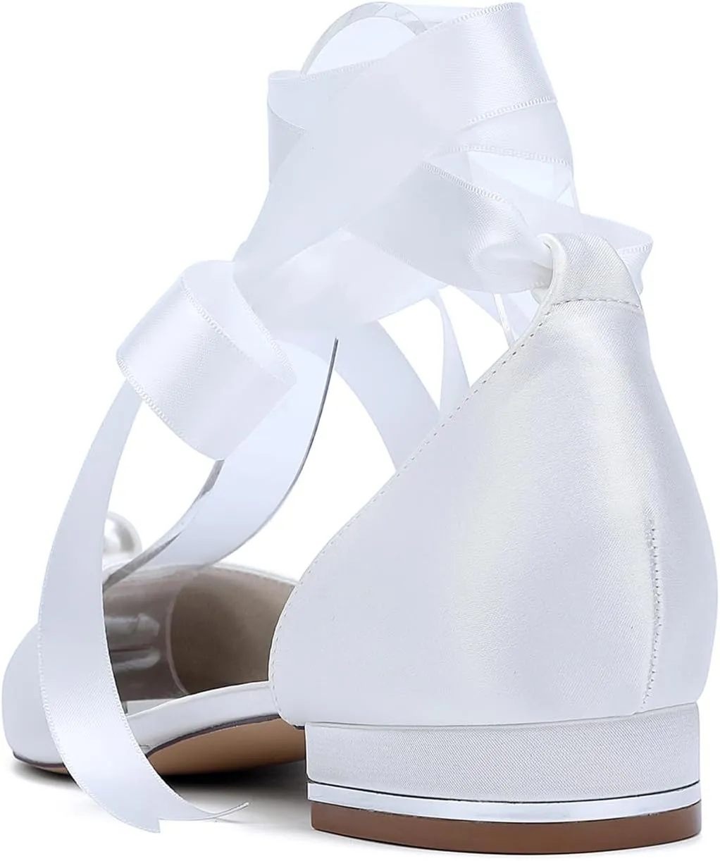 Bridal Shoes Ballet Pointed Toe Satin Wedding Shoes Pearl Ribbon Tie Sandals Flat Closed Toe Evening Party Dress Bridesmaids Pumps
