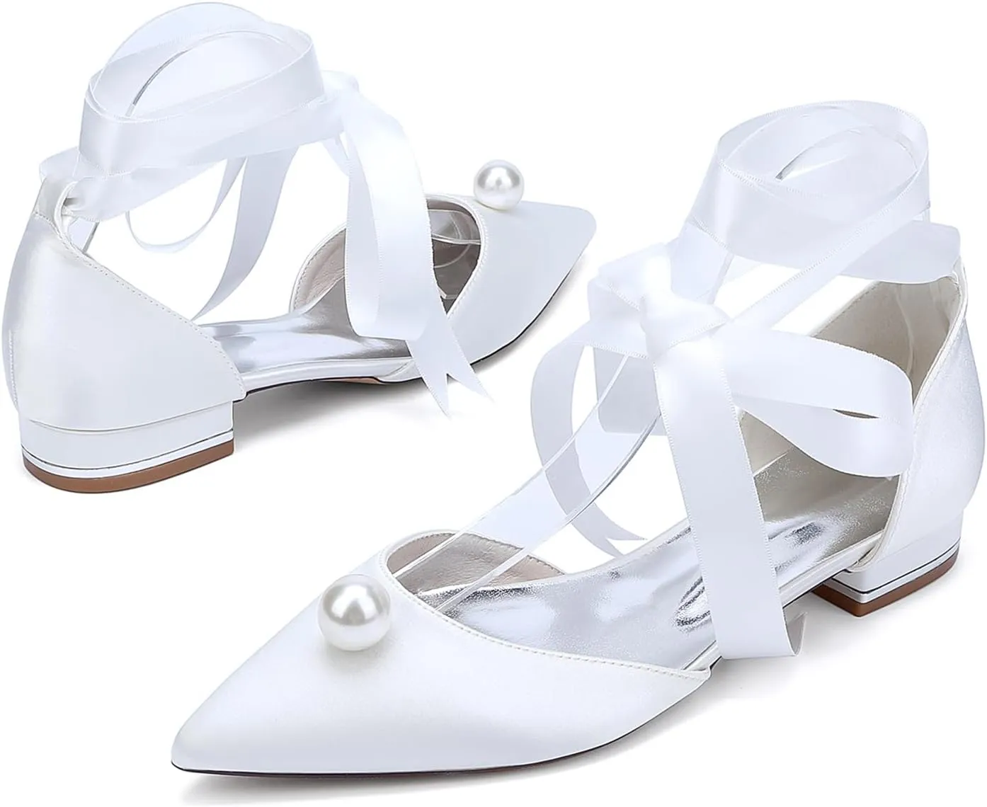 Bridal Shoes Ballet Pointed Toe Satin Wedding Shoes Pearl Ribbon Tie Sandals Flat Closed Toe Evening Party Dress Bridesmaids Pumps
