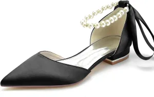 Bride Pointed Toe Flats Women Satin Pearls Wedding Flats Shoes Prom Evening Bridal Party Dress Flats 2.5Cm