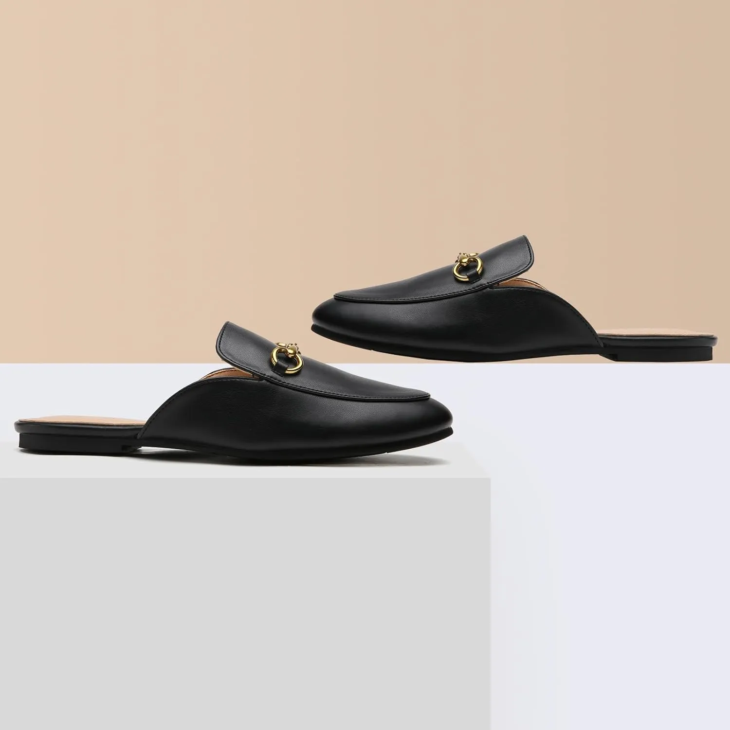 Buckle Mules for Women Work Flats Round Toe Business Backless Loafers Metal Décor Slip on