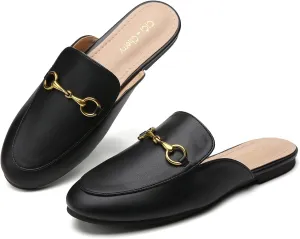 Buckle Mules for Women Work Flats Round Toe Business Backless Loafers Metal Décor Slip on