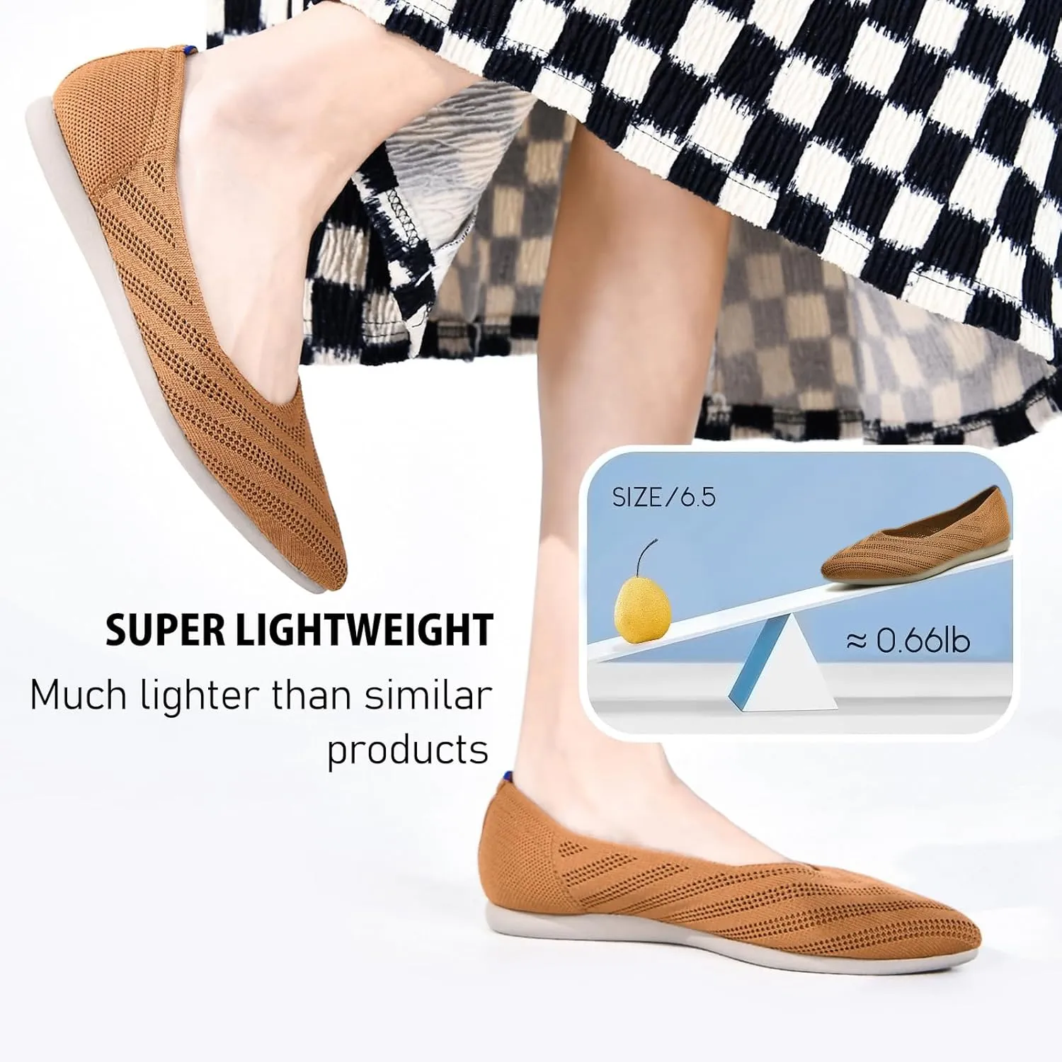 Buyrew Women's Flats Pointed Toe Ballet Shoes Knit Dress Shoes Low Wedge Slip On Arch Support Walking Office Business Flats