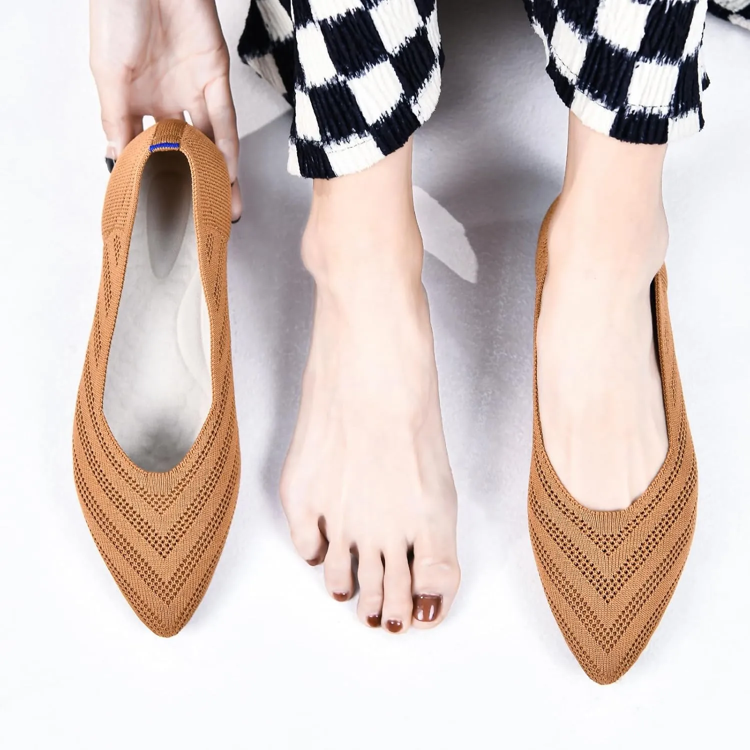 Buyrew Women's Flats Pointed Toe Ballet Shoes Knit Dress Shoes Low Wedge Slip On Arch Support Walking Office Business Flats