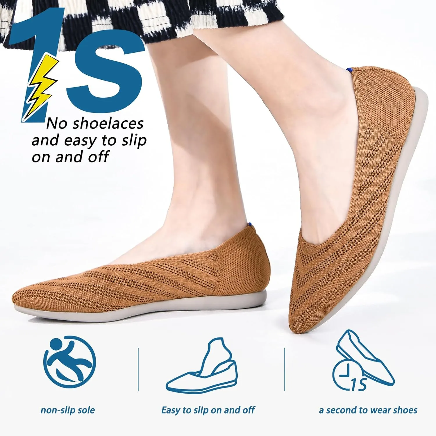 Buyrew Women's Flats Pointed Toe Ballet Shoes Knit Dress Shoes Low Wedge Slip On Arch Support Walking Office Business Flats
