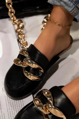 Cape Robbin Colinda Black Slip On Big Buckle Gold Slide Mule Flat Slip On Sandal