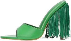 Cape Robbin Women's Fringe Open Toe Mule Slip on Stiletto Heel Sandals