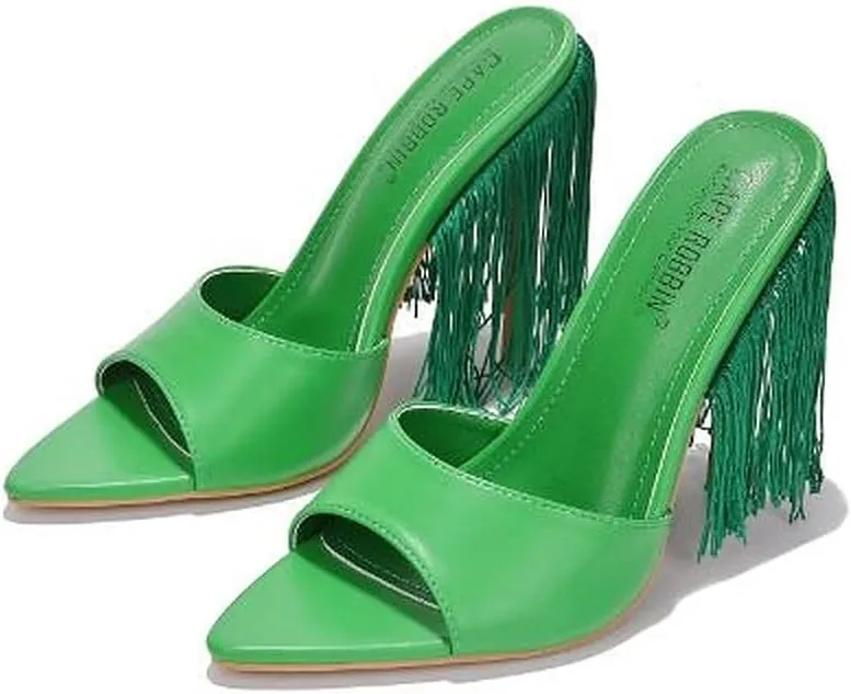 Cape Robbin Women's Fringe Open Toe Mule Slip on Stiletto Heel Sandals