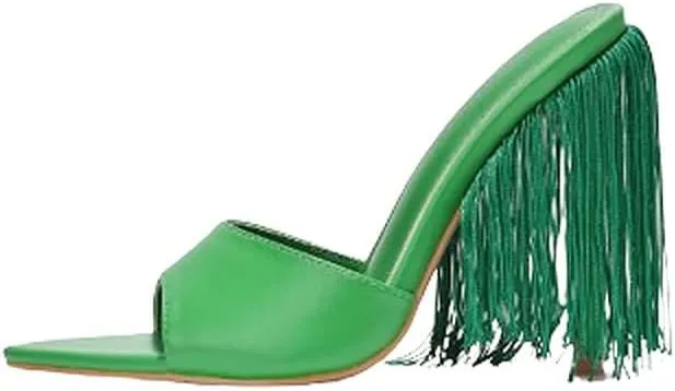 Cape Robbin Women's Fringe Open Toe Mule Slip on Stiletto Heel Sandals
