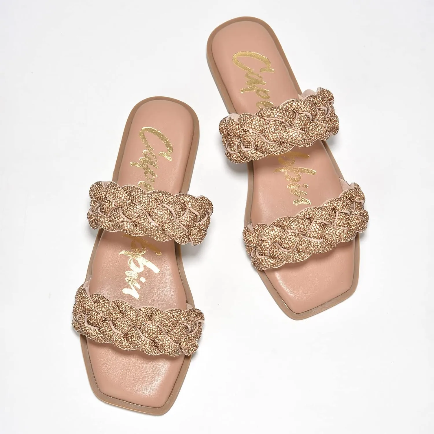 Cape Robbin Women's Slip-On Flat Sandals - Rhinestone-Embellished Braided Upper (Mana)