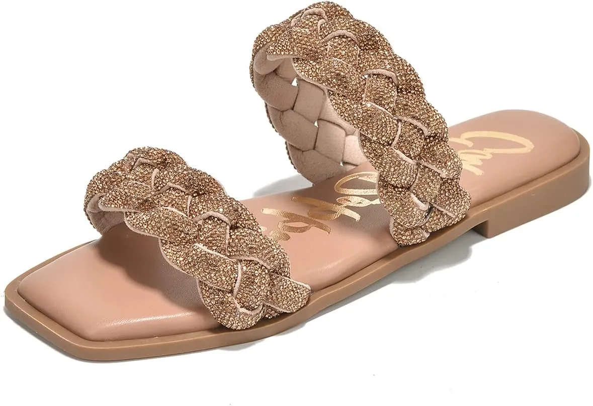Cape Robbin Women's Slip-On Flat Sandals - Rhinestone-Embellished Braided Upper (Mana)