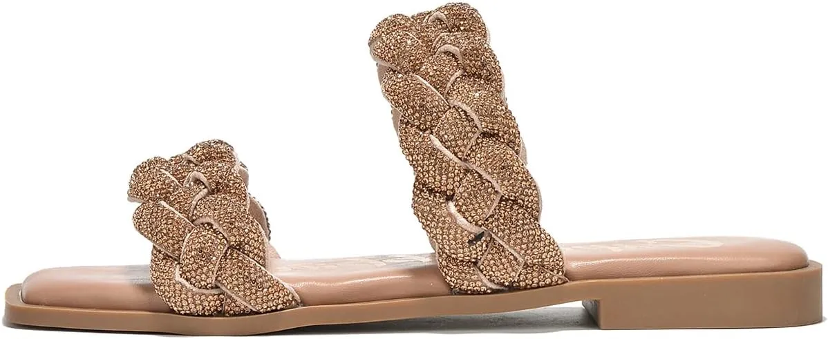 Cape Robbin Women's Slip-On Flat Sandals - Rhinestone-Embellished Braided Upper (Mana)