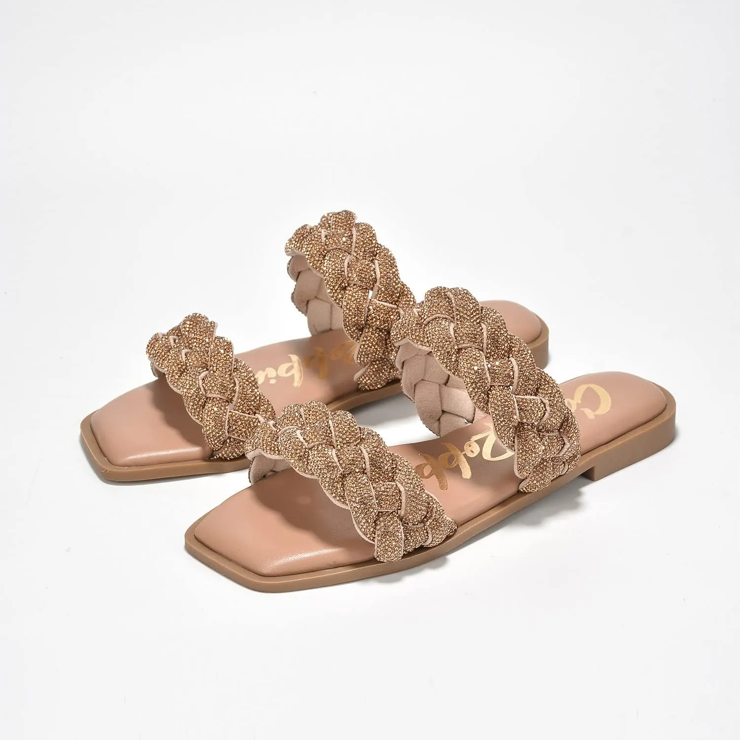Cape Robbin Women's Slip-On Flat Sandals - Rhinestone-Embellished Braided Upper (Mana)