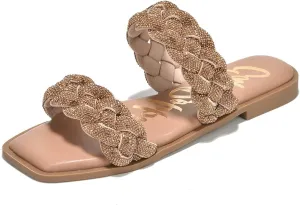 Cape Robbin Women's Slip-On Flat Sandals - Rhinestone-Embellished Braided Upper (Mana)