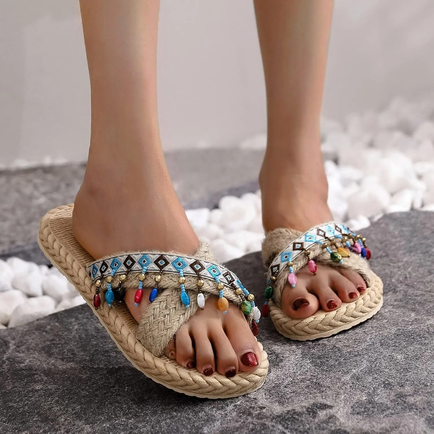 Casual Dress Women's Sandals 2025 Sandals Imitation And Summer Flip Spring Flat And Women Flops Beach Slippers Woven