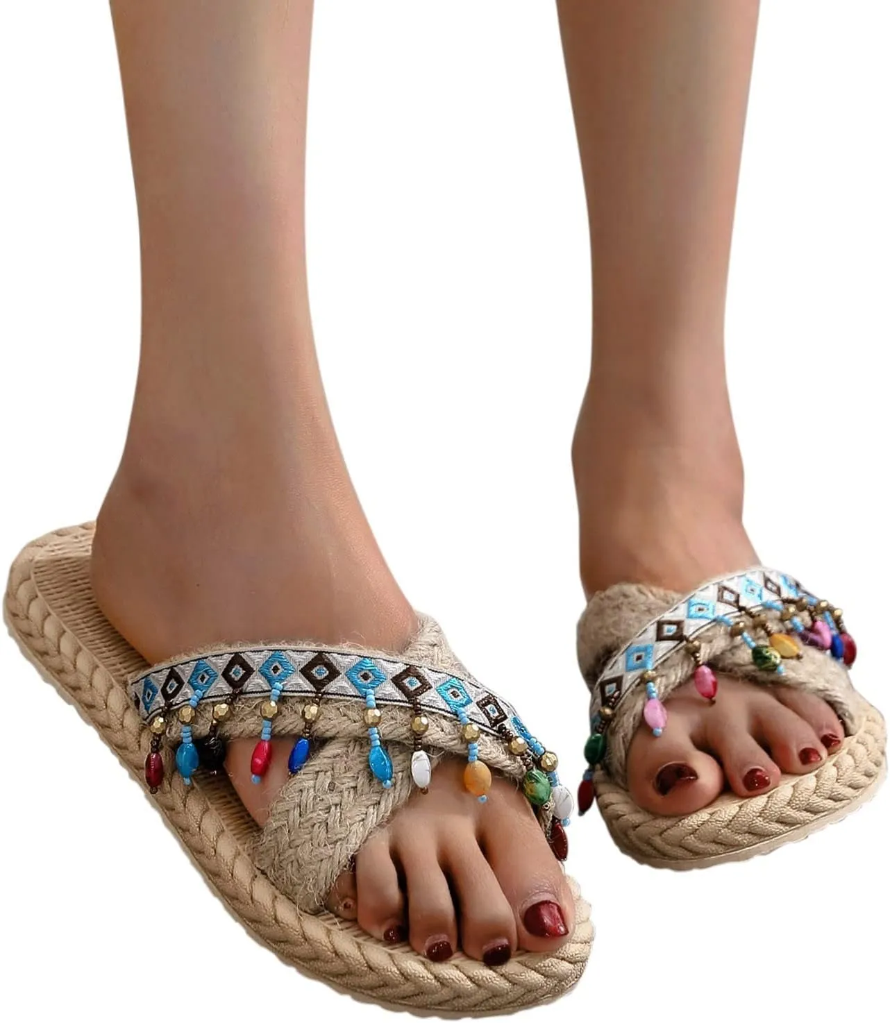 Casual Dress Women's Sandals 2025 Sandals Imitation And Summer Flip Spring Flat And Women Flops Beach Slippers Woven