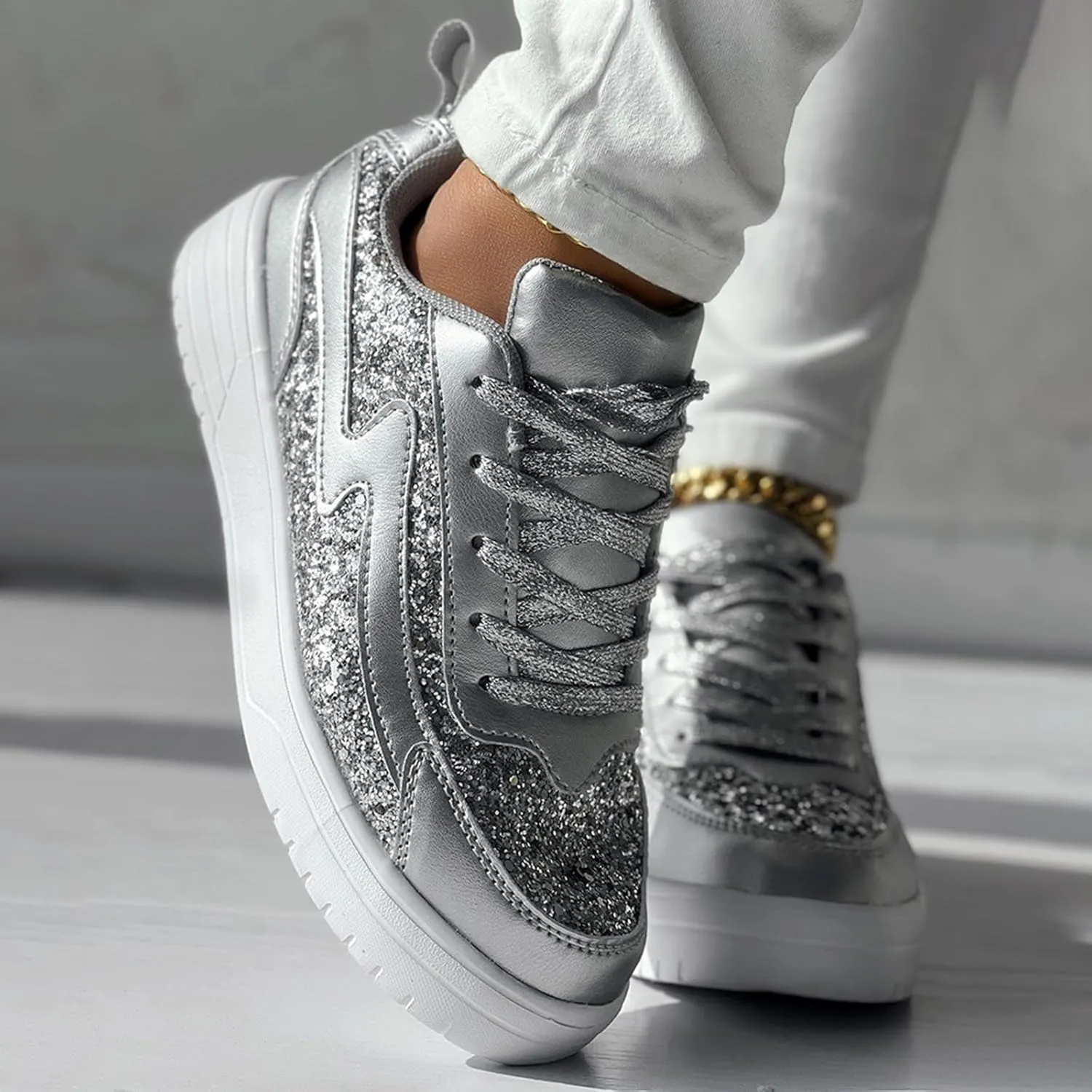 Casual Thick Soled Sneakers New Glossy Fashion Women's Shoes Low Top Lace Up Flat Shoes Couples' Woman's Sandals Size 9